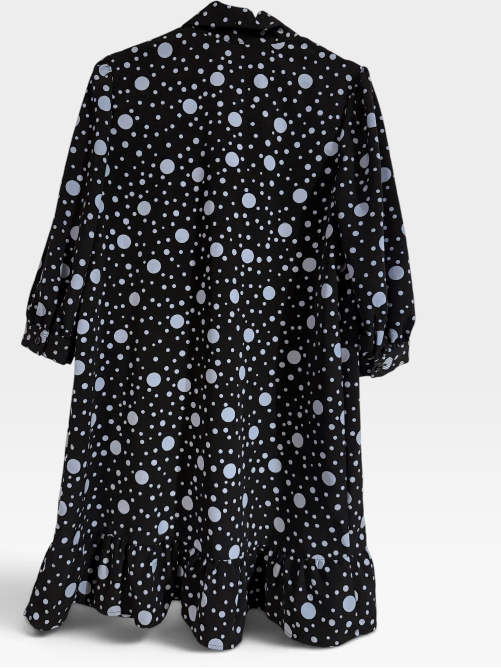 Who What Wear Black And Blue Polka Dot Tie Neck Ruffle Shift Dress - Picture 3 of 4